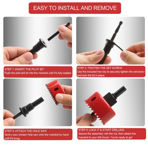 Illustration of assembling a Nine Piece Hole Saw Set With Mandrel, Drill Rod, Hex Wrench, Spare Drill Bit, And Case For Soft Wood PVC Plywood