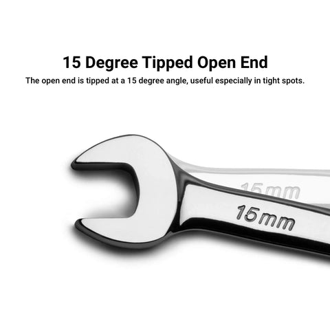 22 Millimeter Metric Combination Wrench, 12 Point, Chrome Vanadium Forged with 15 degree offset open end for tight spaces.