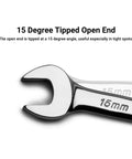 Long Pattern 26 mm 12 Point Metric Combination Wrench with 15 degree tipped open end for tight spots, chrome vanadium.