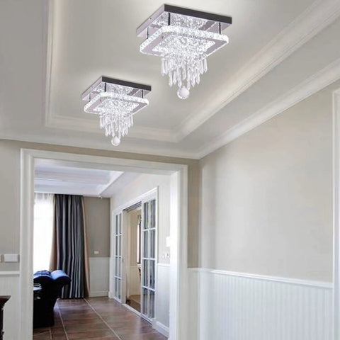 Square Crystal Chandelier LED Flush Mount Ceiling Light For Bedroom Dining Room Hallway And Bar Dope Modern Crystal Pendant Lamp With K9 Crystals Cool White Glow Elegant Living Room Fixture in elegant hallway setting.