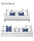 Coastal Lumbar Pillow Cover 12x20 Inches Water Repellent Outdoor Indoor Navy Blue Hydrangea Print on white sofa