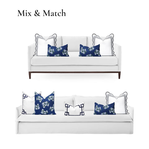 Coastal Lumbar Pillow Cover 12x20 Inches Water Repellent Outdoor Indoor Navy Blue Hydrangea Print on white sofa