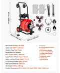 Reliable Heavy Duty Electric Sewer Snake Auger 100 Feet 3 4 Inch Cable with accessories and dimensions for professional use.