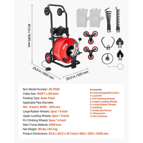Reliable Heavy Duty Electric Sewer Snake Auger 100 Feet 3 4 Inch Cable with accessories and dimensions for professional use.