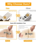 Comparison of Two Pack Professional Grade Frameless Soft Close Inset Cabinet Hinges With Clip On Mount showing spiral-cam screw benefits.