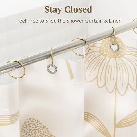 Rustproof Metal Shower Curtain Rings Set Gold Tone Gliding Hooks for Smooth Slide on Any Shower Rod 12 Pack in use with floral curtain