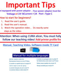Instructions for using the Mini 3D Printer for Beginners, highlighting power requirements and setup tips, shown with TF card.