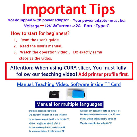 Instructions for using the Mini 3D Printer for Beginners, highlighting power requirements and setup tips, shown with TF card.