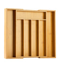 Sleek Expandable Bamboo Drawer Organizer For Kitchen Flatware Holder with adjustable compartments in natural bamboo.