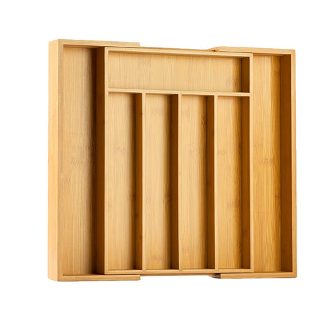 Sleek Expandable Bamboo Drawer Organizer For Kitchen Flatware Holder with adjustable compartments in natural bamboo.