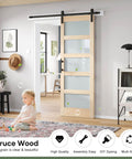 32x84 Inch Glass Sliding Barn Door Slab With 5.5ft Hardware Kit Included, Frosted 5 Panel Glass, Spruce Wood Support, in living room
