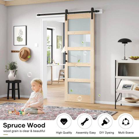 32x84 Inch Glass Sliding Barn Door Slab With 5.5ft Hardware Kit Included, Frosted 5 Panel Glass, Spruce Wood Support, in living room