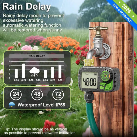 Plug And Play Sprinkler Timer For Your Yard: Programmable Digital Hose Timer With Rain Delay feature in a garden setting.