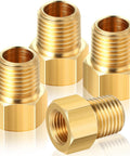 Front view: four brass 1/4 in NPT male to 1/4 in inverted-flare female propane fittings with hex bodies