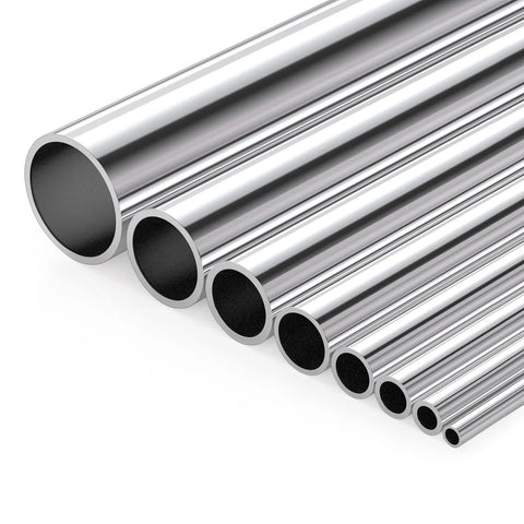 Stainless steel round tubing set in varying diameters, polished silver finish, ends visible