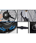 Close-up of Solid Heavy Duty Outdoor Misting Fan With Oscillating Airflow, showing fan controls and water connection.