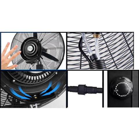 Heavy Duty Industrial Evaporative Cooler With 40 Liter Tank For Patios And Backyards Keeps The Team Cool All Day Long mist sprayer controls and fan details.
