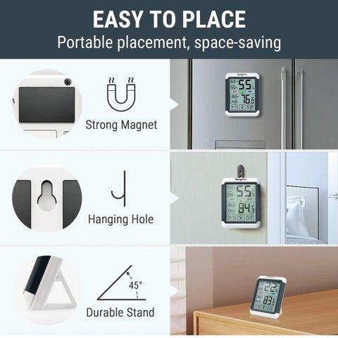 Digital Indoor Hygrometer Thermometer With Touchscreen 4Inch Large Display Easy Readings And Front Button Operation High Accuracy Humidity And Temperature Monitor For Home Or Your Pad. Magnetic wall and stand placement