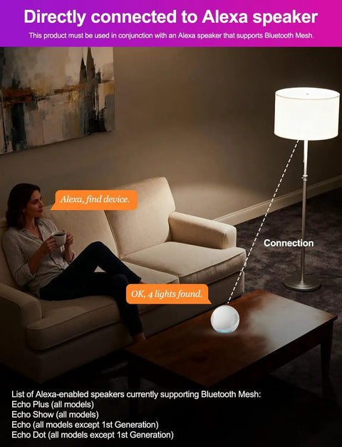 Woman using Alexa Ready Smart Bulb 10W 900 Lumens 2700K Warm White 2 Pack with smart speaker connection in living room.