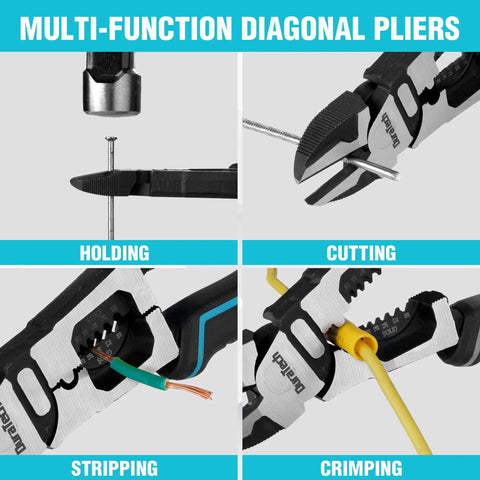 4 In 1 Diagonal Cutting Pliers 8 Inch Heavy Duty Wire Stripper And Cutter with Ergonomic Handle showing cutting, holding, stripping, crimping uses.