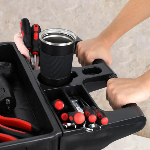 Close-up of Heavy Duty Rolling Tool Cart With Deep Two Shelves 40 X 17 Inch Plastic Utility Cart On Wheels showing handle and tools