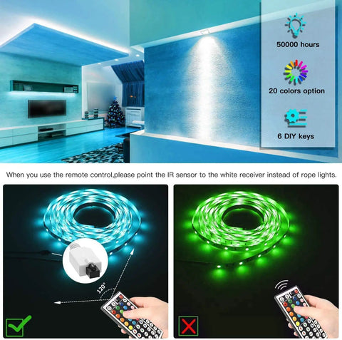 100 Ft RGB LED Strip Lights With 44 Key Remote Multi Color Color Changing LED Tape showing setup and lighting options indoor
