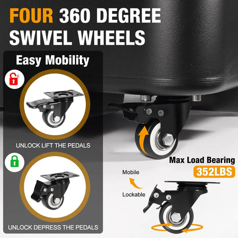 Close-up of four 360-degree swivel wheels on a Heavy Duty 125Lb Fillable Umbrella Base with Wheels Outdoor Patio Stand.