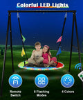 Children on 40 Inch Flying Saucer Swing With LED Lights And 440 Lbs Capacity, Heavy Duty A-Frame Metal Swing Stand for Backyard Fun
