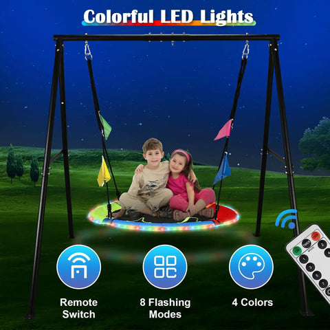 Children on 40 Inch Flying Saucer Swing With LED Lights And 440 Lbs Capacity, Heavy Duty A-Frame Metal Swing Stand for Backyard Fun