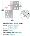 8 Pack Lift Off Flag Detachable Door Hinges Aluminum Alloy With Countersunk Holes 360 Degree Rotation Slip Joint Dimensions Diagram