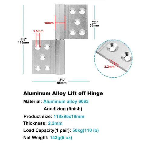 8 Pack Lift Off Flag Detachable Door Hinges Aluminum Alloy With Countersunk Holes 360 Degree Rotation Slip Joint Dimensions Diagram