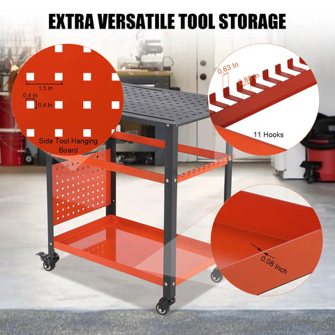 36 By 24 Inch Steel Welding Table With 1200 Pounds Capacity, showing pegboard, hooks, and shelves in garage setting.