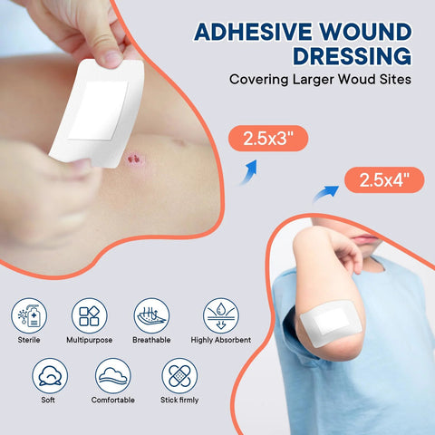 Adhesive wound dressing patch applied to arm; breathable, waterproof bandage in 2.5x3 in and 2.5x4 in sizes