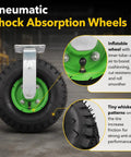 Close-up of 10 Inch Pneumatic Caster Wheel Set of 4 Includes Two Swivel and Two Rigid Plates with shock absorption features.