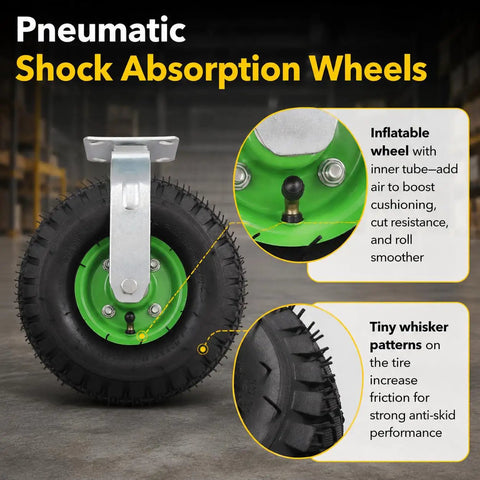 Close-up of 10 Inch Pneumatic Caster Wheel Set of 4 Includes Two Swivel and Two Rigid Plates with shock absorption features.