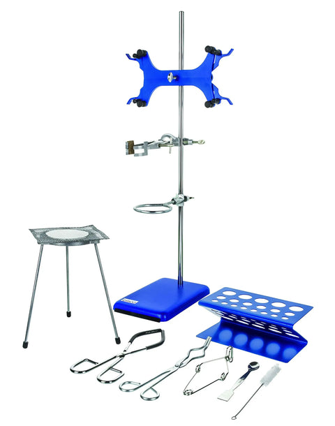 Lab Starter Kit With Ring Stand And Clamps, Tripod Burner Stand, Iron Gauze, Test Tube Rack, Tongs, Spoon And Spatula, Brush, Titration Set