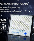 JUDYSSY Patio Lightingdiy Solar Street Light W/Remote Control showing IP67 waterproof grade, ideal for outdoor use in rain.