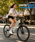 Woman riding Women’s 26 Inch Mountain Bike For Adults With Shimano Rear Derailleur And Twist Grip Shifter 21 Speed Shifting Dual Disc Brakes Lockout Suspension in city