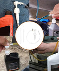 Grease Monkey Approved 4 CC Fluid Pump For Quart Bottles With Flexible Hose shown dispensing transmission fluid in various settings.