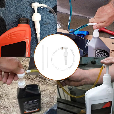 Grease Monkey Approved 4 CC Fluid Pump For Quart Bottles With Flexible Hose shown dispensing transmission fluid in various settings.