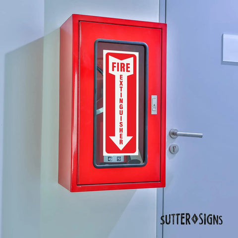 12 Pack Fire Extinguisher Arrow Down Decals 4x12 Inches Self Adhesive Weatherproof Vinyl High Visibility Safety Stickers installed on red extinguisher cabinet