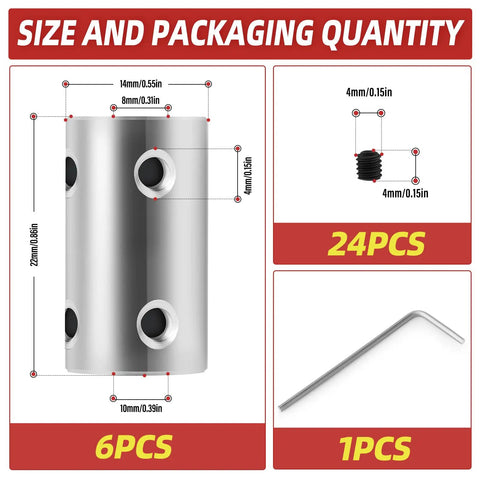 Six Pack 8mm To 10mm Steel Shaft Couplings Rigid Set Screw Motor Shaft Connectors For DIY Projects Motor Accessories Kit With Allen Wrench And Screws High Strength Durable Easy Install size chart with 6pcs, 24pcs screws, 1pcs wrench