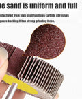 Close-up of abrasive flap wheel texture, part of 10 Piece Abrasive Flap Wheel Sander Set With A Range Of Sizes From 3.2 Inch To 0.64 Inch Grit 16 And 80 Aluminum Oxide Wheels For Drill And Die Grinder Built For Metal Polishing Wood Shaping And Smooth Surface Finishing