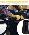 Person using Table Saw Vacuum Adapter 2.5 Inch Outlet To 1.875 Inch Shop Vac Hose For Dust Collection Fits Dewalt DWE7491RS DWE7491 Table Saw, black adapter shown.