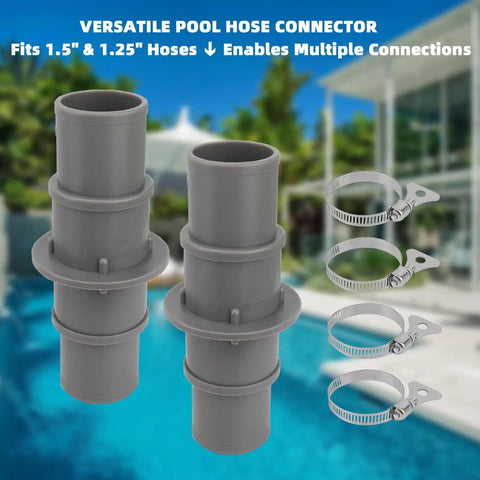 Must Have Pool Hose Adapter For 1 1/4 Inch Or 1 1/2 Inch Hoses, Easy Slip On Fit, Durable Plastic Connector, 2 Pack with Clamps