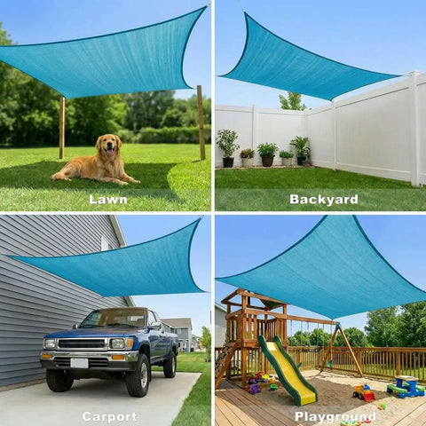 Collage of turquoise 32 by 32 foot shade sail canopy over a lawn, backyard, carport, and playground.