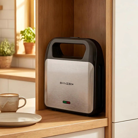 Keinve 3 In 1 Sandwich Maker And Waffle Iron With Removable Non Stick Plates resting in a kitchen nook with a cool touch handle.