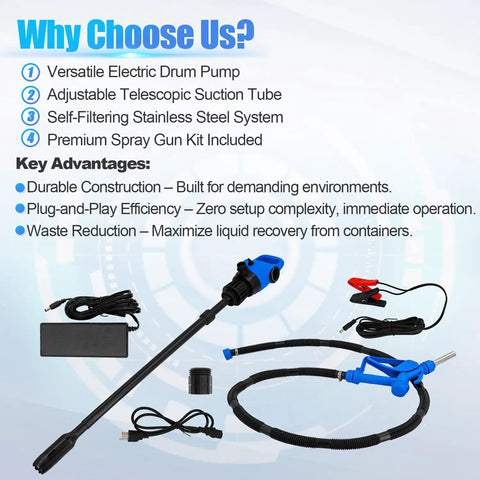 Components of Built Tough 55 Gallon Electric Drum Pump Moves Diesel And Def Fluid Quick With 120 Volt Ac Or 12 Volt Dc.