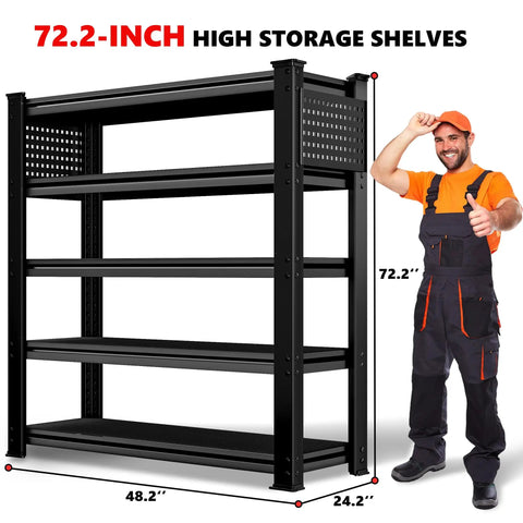 Ultra Heavy Duty 5 Tier Garage Shelving With Double Steel Legs And Two Side Pegboards Standing Rock Solid For Basement Pantry Workspaces, showing 72.2-inch metal rack with man giving thumbs up.