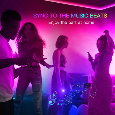 People dancing in a room lit by Ultra Bright 16.4 Feet RGB COB LED Strip Kit With Bluetooth App Control And Remote, 24V Music Sync.